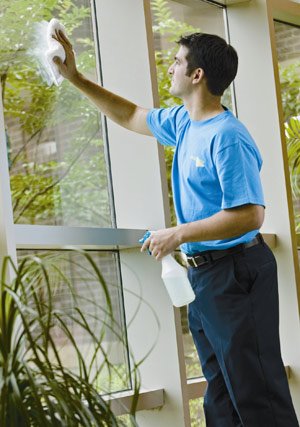 A man cleaning the window with a water spray in other hand